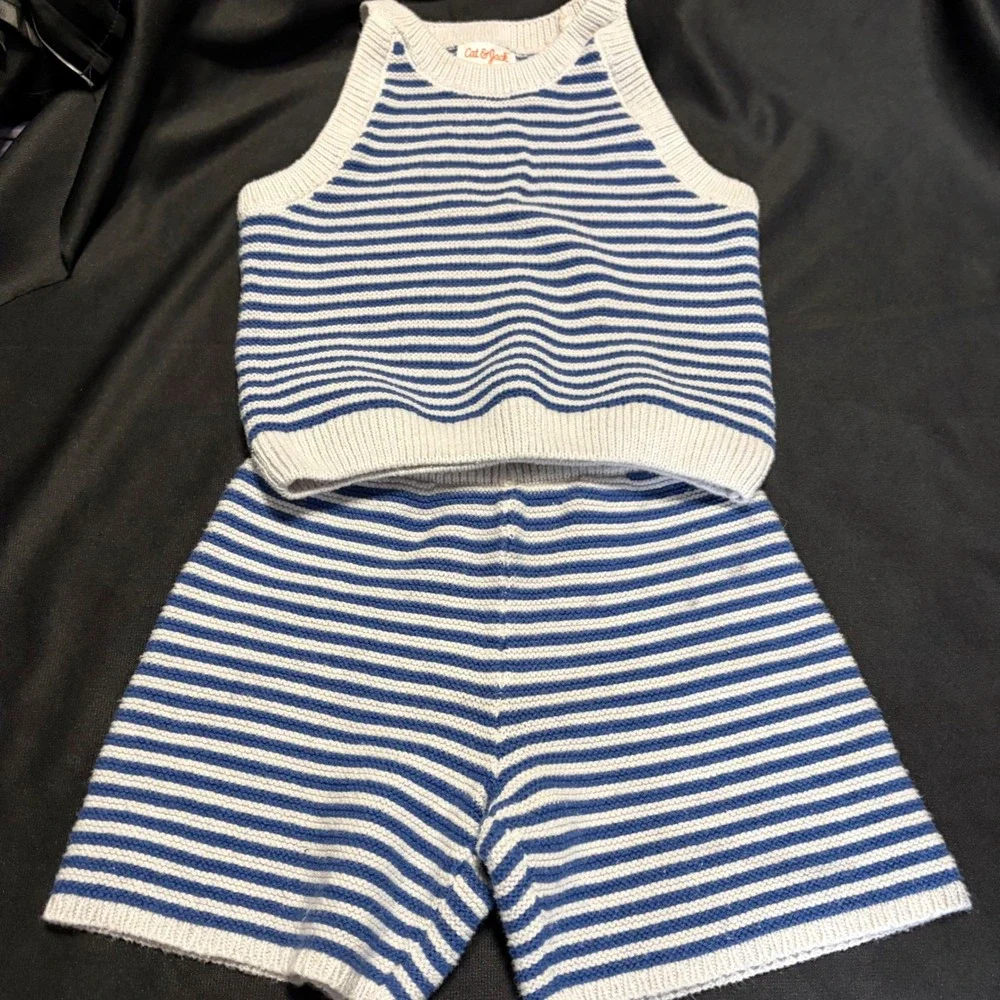 Cat & Jack Girls Blue Light Gray Striped Knit Tank Shorts 2 Piece Set 5T